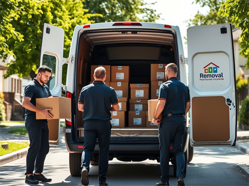 A professional removal team loading boxes into a van