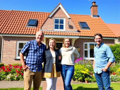 A cheerful family standing outside their new Dutch home